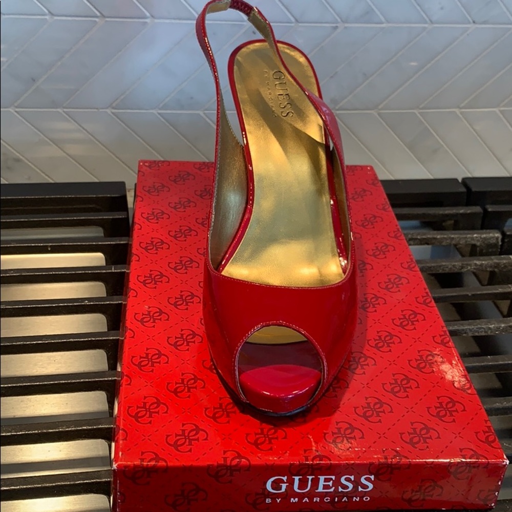Red peep toe sling back pumps